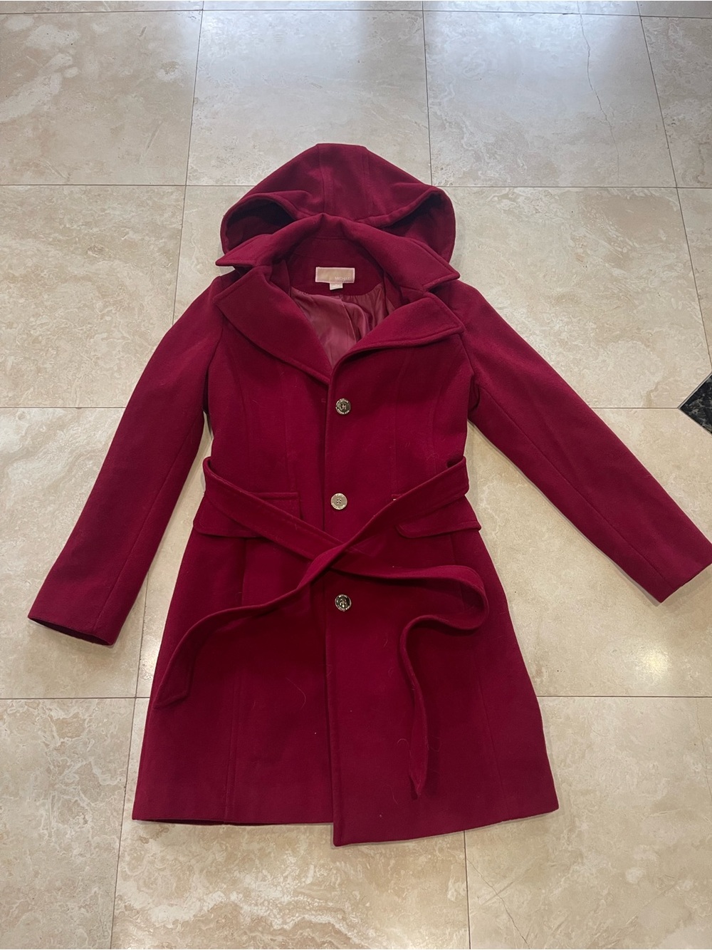 Michael Kors Hooded Belted Pea Coat in Red/Burgundy